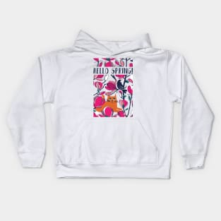 Hello Spring! // spot illustration with quote // orange tabby cat fuchsia pink Magnolia full bloom navy blue branches birds and lines Kids Hoodie